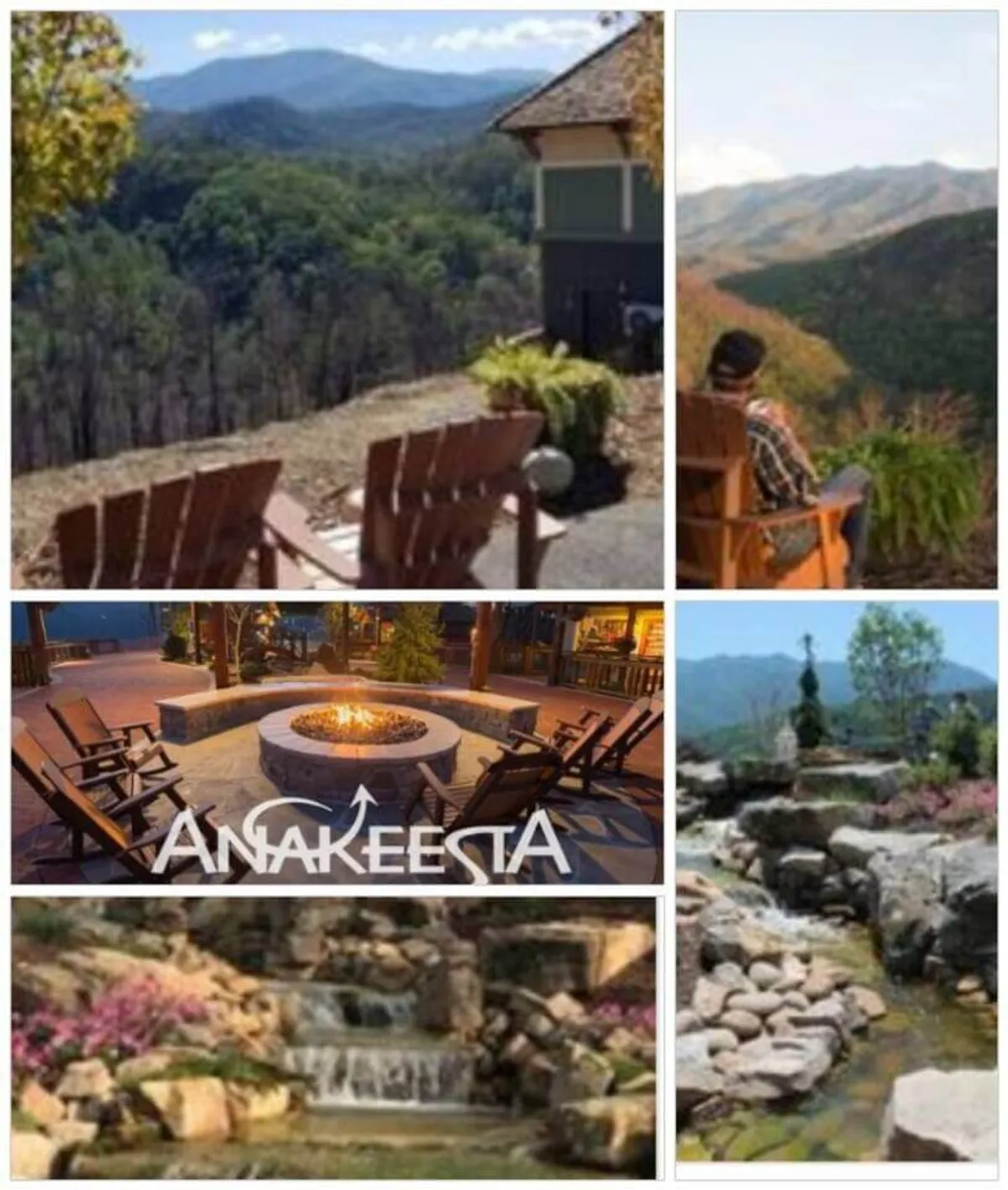 A serene outdoor seating area with a fire pit, surrounded by blooming flowers and lush greenery. The majestic mountain landscape provides a breathtaking backdrop, ideal for relaxing together or enjoying a sunrise. The scene captures both tranquility and natural beauty.