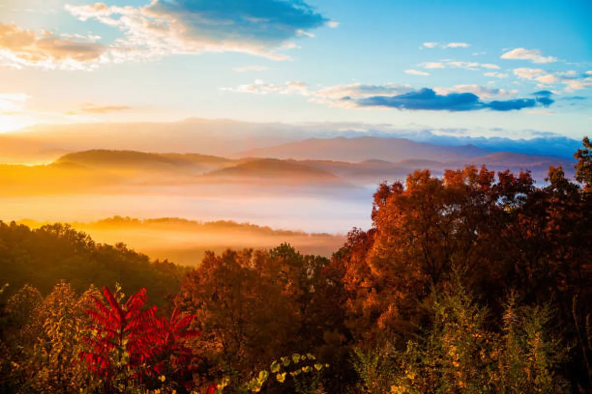 A breathtaking sunset unfolds over the Smoky Mountains, with fog gently settling in the valley and vibrant autumn foliage coloring the landscape. The expansive view highlights the region’s natural splendor and the endless possibilities for hiking and exploration.